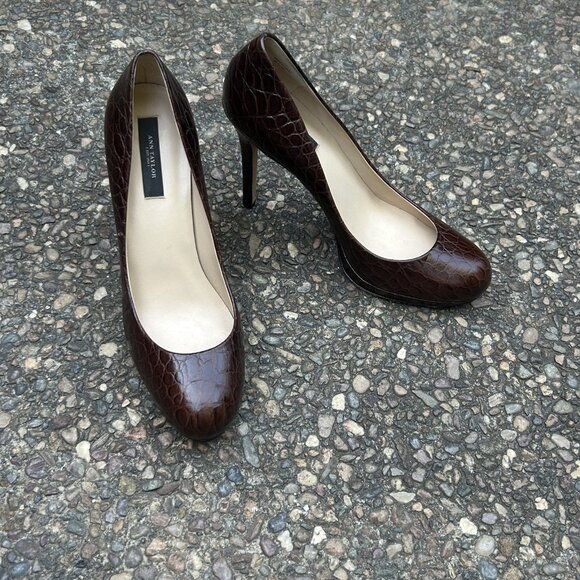 Ann Taylor Brown Embossed Croc Leather Platform Round Toe Heels Size 8.5 Medium - Picture 4 of 12